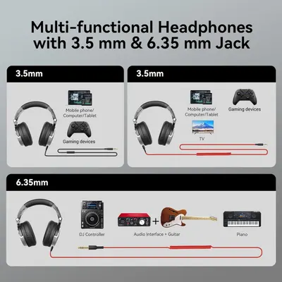 Demonstrates the headphones work with a wide range of devices including mobile phones, computers, tablets, gaming devices, TVs, DJ controllers, audio interfaces, guitars, and pianos through two…