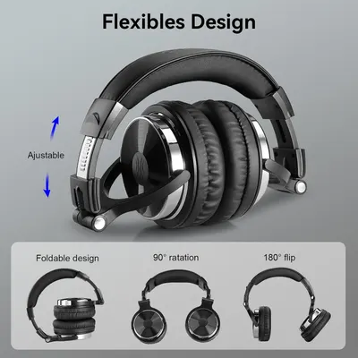 Showcases multiple flexibility and adjustability features of the headphones to demonstrate versatility, comfort customization, and portability for different use cases.