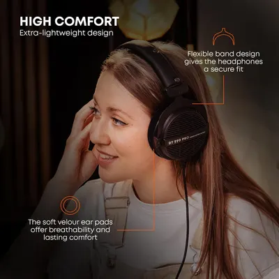 Communicates multiple comfort-focused features of the headphones including lightweight construction, secure flexible band fit, and breathable soft ear pads to reassure shoppers about long-term…