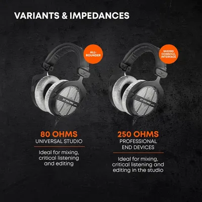 Guides shoppers in selecting between two impedance variants (80 ohms vs 250 ohms) based on their intended use case and equipment compatibility.