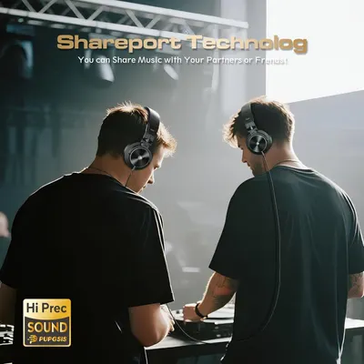 Communicates that the headphones feature Shareport Technology, allowing users to share music with partners or friends, emphasizing the social and connectivity aspect of the product.
