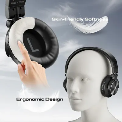 Showcases two key comfort features of the headphones: the soft, skin-friendly ear cushions and the ergonomic design for comfortable wear.