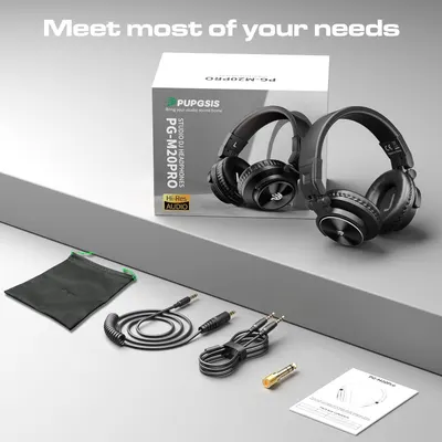 Shows everything included in the box: headphones, carrying pouch, multiple audio cables, adapter, and instruction manual to help shoppers understand the full value of their purchase.