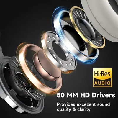 This image breaks down the internal components of the headphone speaker to showcase the 50mm HD drivers and Hi-Res Audio certification, reassuring shoppers of superior sound quality and clarity.