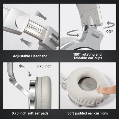Showcases multiple comfort and adjustability features of the headphones to demonstrate versatility and user-friendly design for potential buyers.