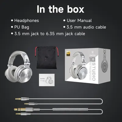 Shows everything included in the box when purchasing the headphones, including accessories like cables, carrying bag, and manual to set clear expectations for the buyer.