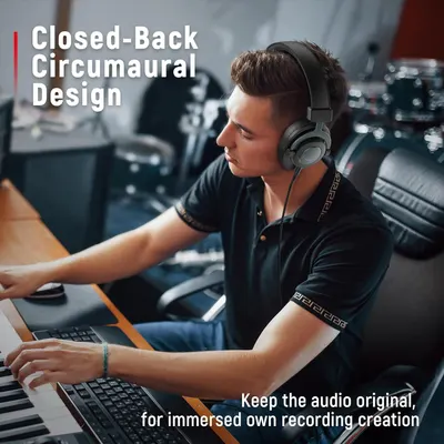 Highlights the closed-back circumaural design feature to communicate superior audio isolation and immersive sound quality for recording and content creation.