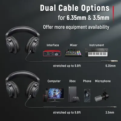 Demonstrates the headphones' compatibility with multiple devices and equipment types through dual cable options, reassuring shoppers that the product works with their existing audio gear. Shows the…
