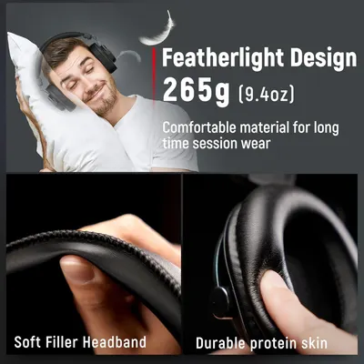 Showcases multiple key features of the headphones including lightweight design at 265g, comfortable materials for extended wear, soft headband padding, and durable protein leather ear cushions to…