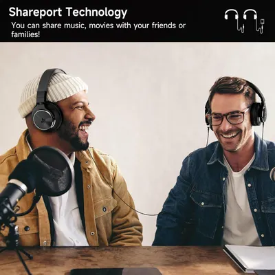 Communicates that the headphones allow users to share music and movies with friends or family, emphasizing the social connectivity feature.