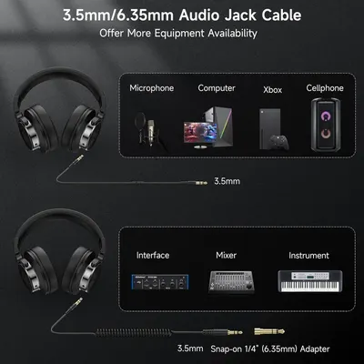 Demonstrates that the headphones are compatible with multiple devices including microphones, computers, Xbox, cellphones, audio interfaces, mixers, and instruments through 3.5mm and 6.35mm…