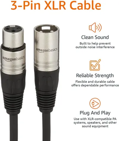 Showcases three key benefits of the XLR cable: noise interference prevention for clean sound, flexible and durable construction for reliable strength, and easy compatibility with XLR-compatible…