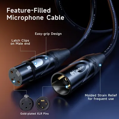 This image breaks down the microphone cable by highlighting specific functional components such as latch clips, easy-grip design, gold-plated XLR pins, and molded strain relief to help shoppers…