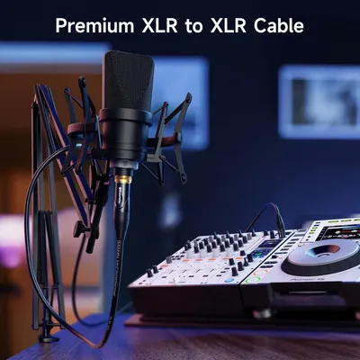 Shows the XLR cable in a real-world professional audio environment with a microphone and DJ equipment to help shoppers visualize the product in use.