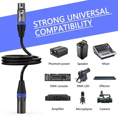 Demonstrates that the XLR cable is compatible with a wide range of professional audio and video equipment including phantom power, speakers, mixers, DMX consoles, amplifiers, microphones, and cameras.
