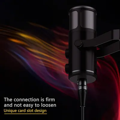 Highlights the microphone's secure connection mechanism with a unique card slot design to reassure buyers that the connection is firm and reliable during use.