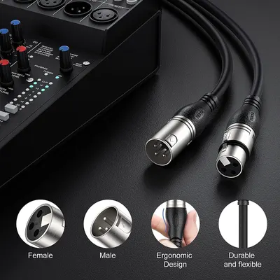 Showcases multiple features of the XLR audio cable including connector types, ergonomic handling, and cable durability to help shoppers understand the product's quality and versatility.