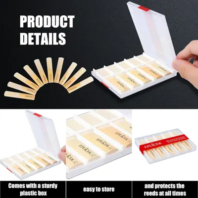 Communicates multiple benefits of the product including its protective storage case, ease of storage, and ability to protect the reeds at all times.
