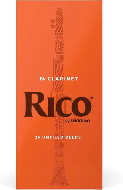 Emphasizes the Rico by D'Addario brand identity and product line for Bb clarinet reeds, reinforcing brand recognition and trust with musicians.