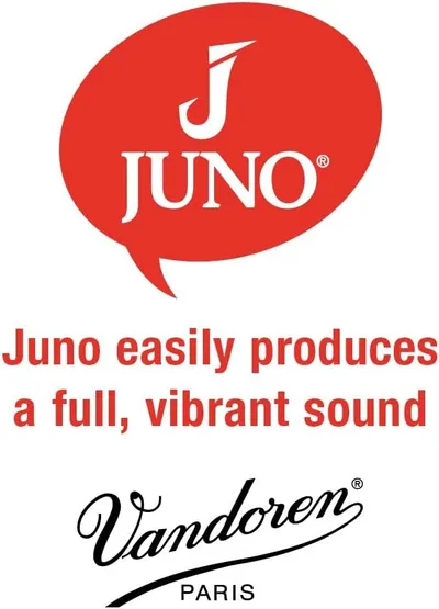 Emphasizes the Juno brand by Vandoren and communicates the key benefit of producing a full, vibrant sound to build trust and brand recognition.