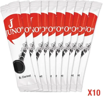 Shows the customer they will receive 10 individual Juno clarinet reeds in this purchase, clearly communicating the quantity included in the package.