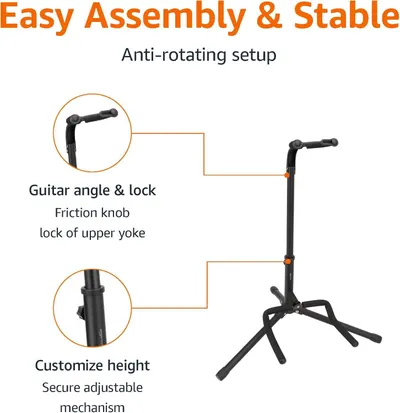 This image breaks down the guitar stand by highlighting specific functional components such as the anti-rotating setup, guitar angle lock mechanism, and height adjustment feature to help shoppers…