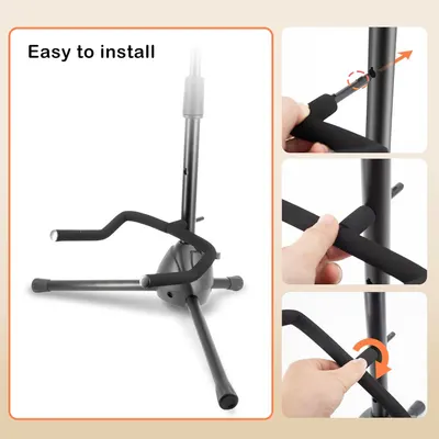 Demonstrates the step-by-step installation process for the product stand, showing shoppers how simple it is to assemble the tripod legs onto the central pole.