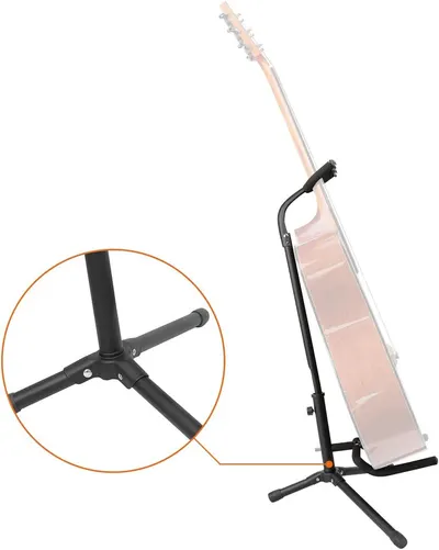 Highlights the tripod base structure of the guitar stand with a zoomed-in callout to show the stability and construction details of the three-legged support system.