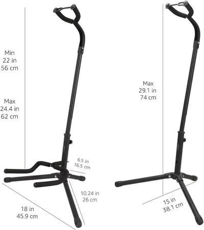 Communicates the exact dimensions of the guitar stand in both imperial and metric units, showing minimum and maximum height adjustability and base footprint to help shoppers understand if it will…