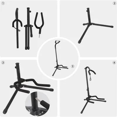 This image breaks down the guitar stand by showing its various components and angles, helping shoppers understand its structure, folding mechanism, and how different parts work together.