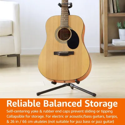 Communicates that the guitar stand provides stable, balanced storage with a self-centering yoke and rubber end caps to prevent sliding or tipping, and is collapsible for easy storage.