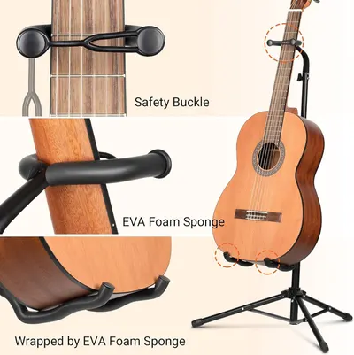 Highlights the specific protective and safety features of the guitar stand, showing the safety buckle and EVA foam sponge components to reassure customers that the stand will securely hold and…