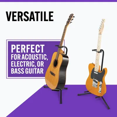 Demonstrates that the guitar stand is versatile and works with acoustic, electric, and bass guitars, helping shoppers understand its broad compatibility and use cases.