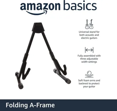 Communicates three key features of the guitar stand: compatibility with both acoustic and electric guitars, adjustable width settings, and protective soft foam to prevent damage.