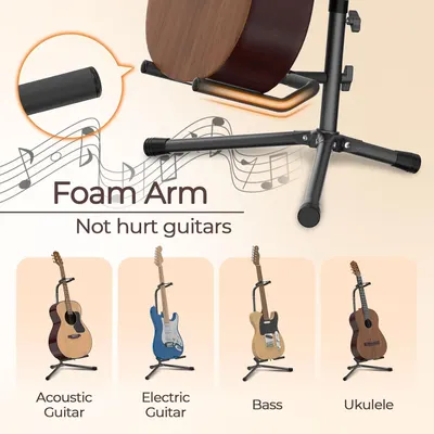 Highlights the foam arm feature that protects guitars from scratches or damage, reassuring musicians that the stand is safe for their instruments. Demonstrates that the stand is compatible with…