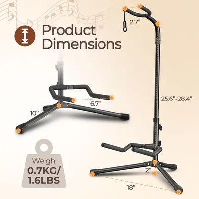 Provides detailed measurements of the guitar stand including height, width, base dimensions, and weight to help shoppers understand the exact size and portability of the product.