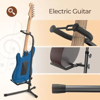 This image breaks down the guitar stand by highlighting specific structural components like the neck cradle, adjustable base, and padded support areas to help shoppers understand how the stand…