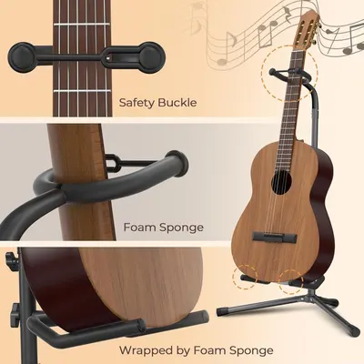 Highlights multiple protective features of the guitar stand including the safety buckle mechanism, foam sponge padding, and foam-wrapped contact points to reassure shoppers that their instrument…