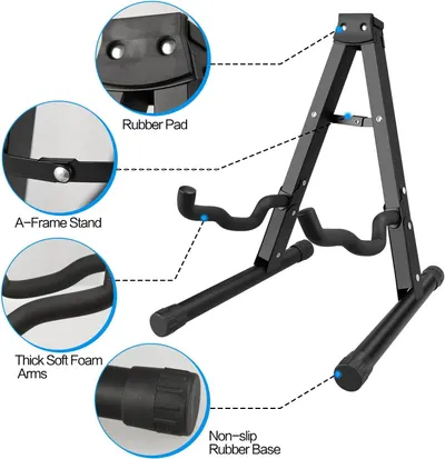 This image breaks down the guitar stand by highlighting its key structural and functional components to help shoppers understand the quality and protective features of the product.