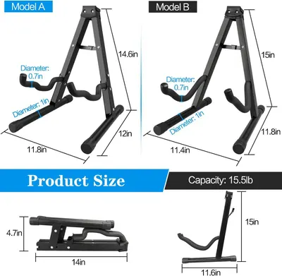 Provides detailed measurements of two different models of guitar stands, showing height, width, base diameter, and capacity to help shoppers understand the exact size and choose the right model for…