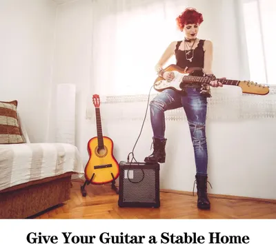 Demonstrates the product can be used in a home environment for guitar practice and playing, showing its versatility and suitability for residential settings.