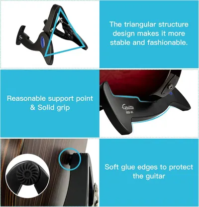Showcases three distinct features of the guitar stand: the stable triangular design, the solid grip support, and the protective soft glue edges to reassure shoppers of its stability, functionality,…