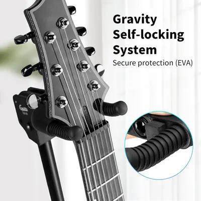 Highlights the gravity self-locking mechanism that provides secure protection for the guitar, reassuring customers about the safety and stability of the guitar stand.