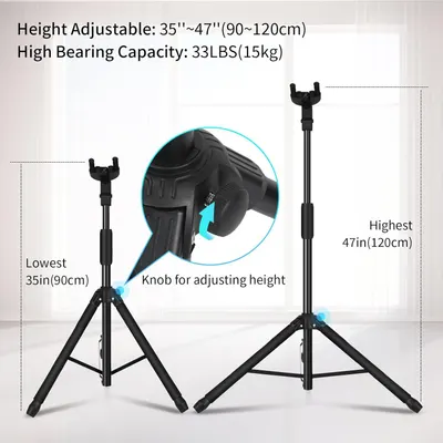 Communicates multiple key features of the tripod stand including its adjustable height range, weight capacity, and the mechanism for height adjustment to help shoppers understand its versatility and…