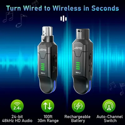 Showcases multiple key features of the wireless audio system including HD audio quality, transmission range, rechargeable battery, and auto-channel switching to demonstrate the product's…