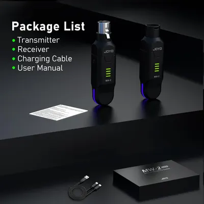 Shows everything included in the box: transmitter, receiver, charging cable, and user manual to set clear expectations for the customer.