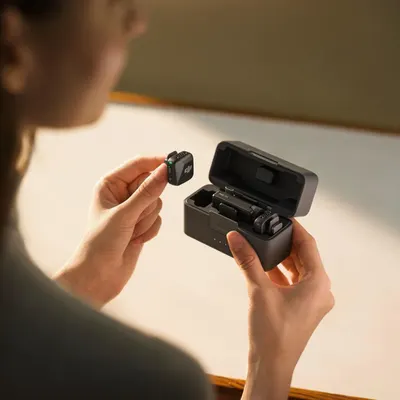 Shows the product being used in a natural setting to help shoppers visualize how they would interact with the wireless earbuds and charging case in everyday life.