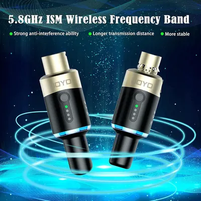 This image showcases multiple technical benefits of the wireless microphone system, emphasizing its 5.8GHz frequency band with three key advantages: anti-interference capability, extended…