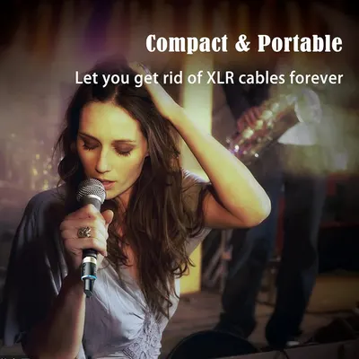 Communicates that the product is compact, portable, and eliminates the need for XLR cables, making it convenient for performers and musicians.