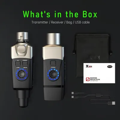 Shows everything included in the purchase: transmitter, receiver, carrying bag, USB cable, and manual to set clear expectations for the customer.